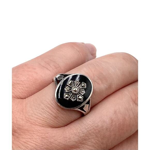 925 Marsala Ring Sterling Silver Vintage Estate Black Oval Glass Marcasites 7.5 - Picture 4 of 13
